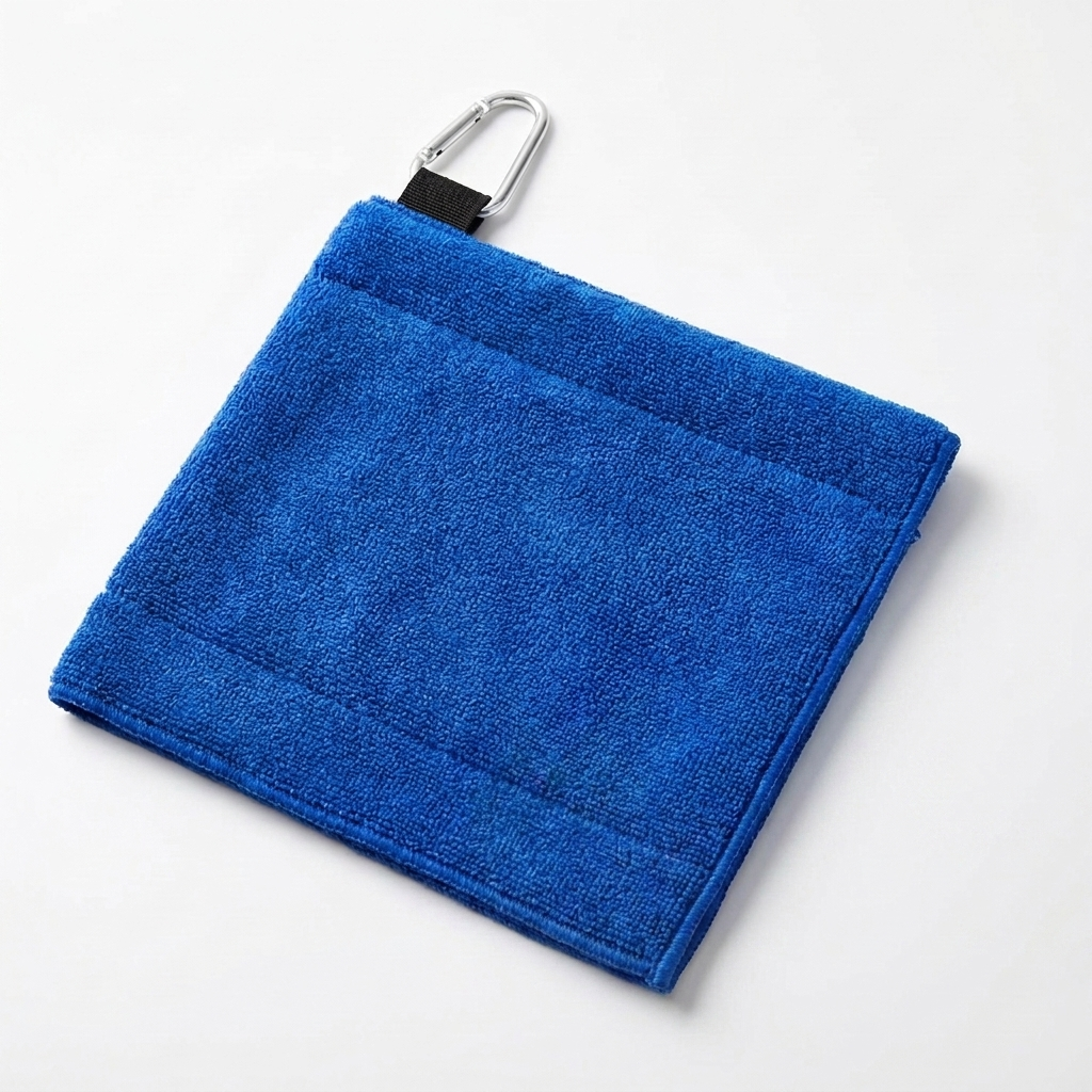 Blue towel with a carabiner clip on a white background