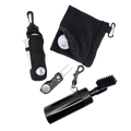 Golf accessories arranged together: black ball pouch, cleaning towel, divot tool with marker and spray brush.