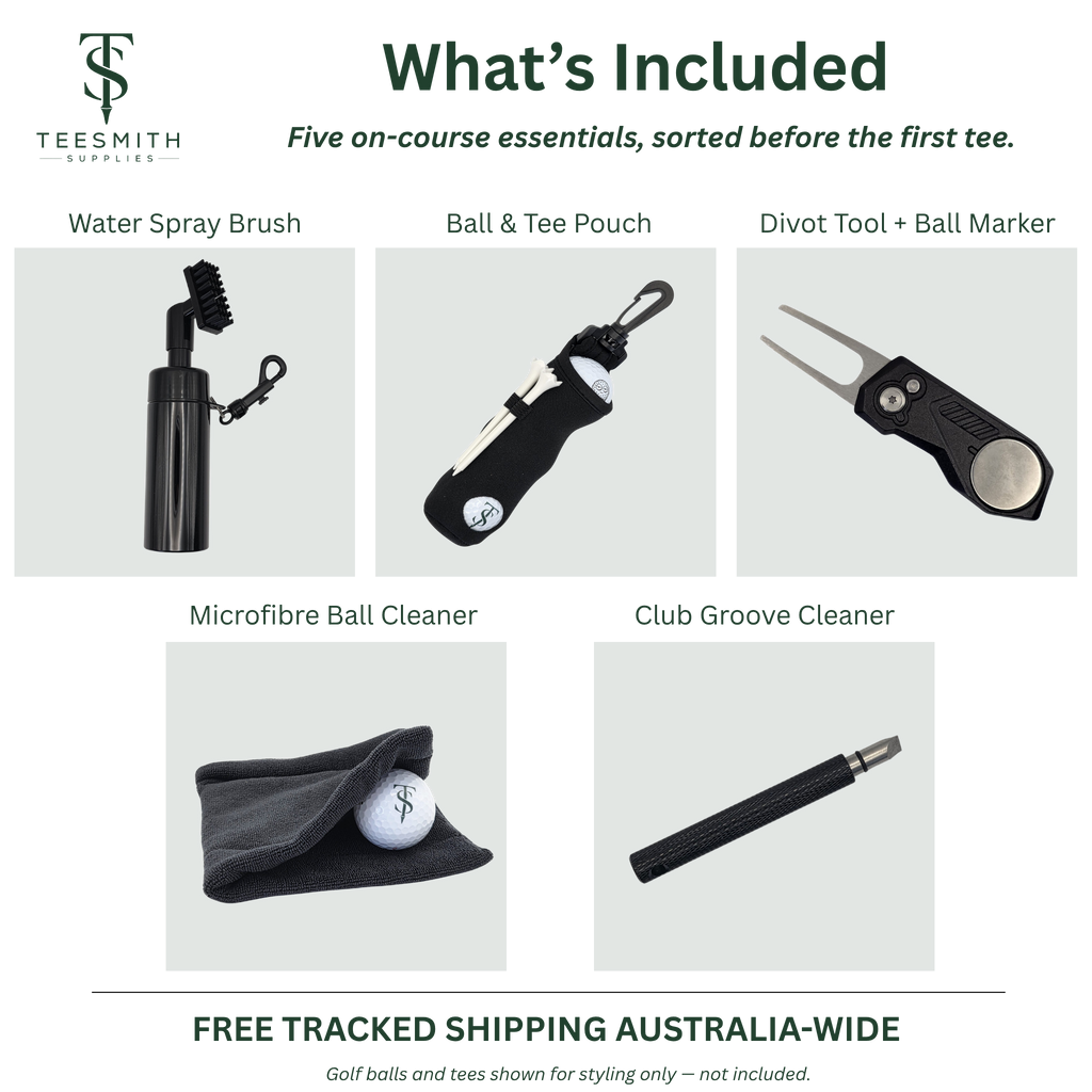 Kit contents graphic showing a water spray brush, ball and tee pouch, divot tool with marker, ball cleaning towel and groove cleaner.