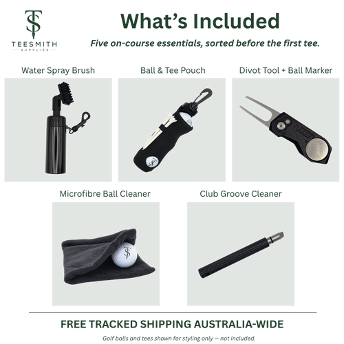 Kit contents graphic showing a water spray brush, ball and tee pouch, divot tool with marker, ball cleaning towel and groove cleaner.